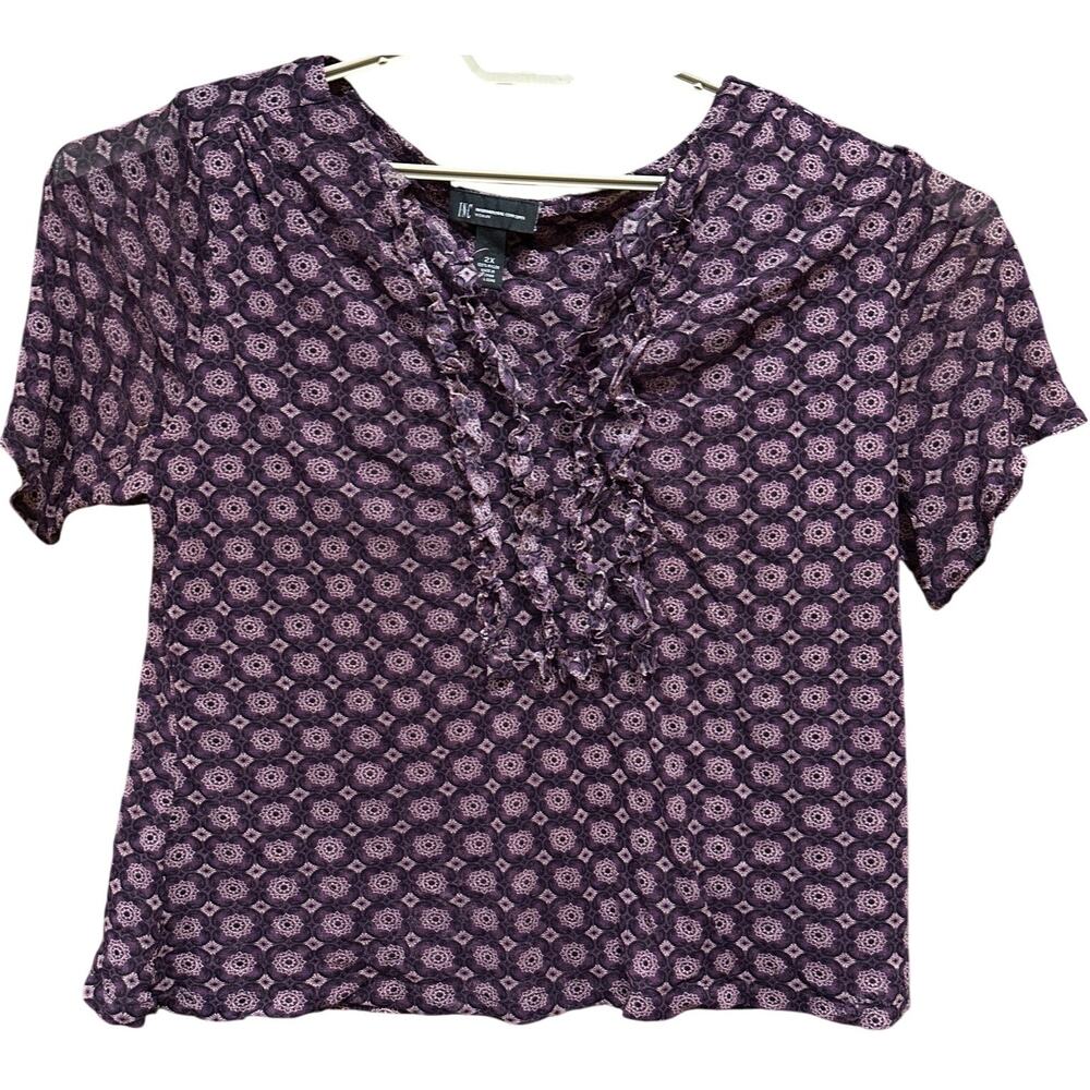 INC Blouse Plus 2X Purple Ruffle Neck Popover Short Sleeve Y2K Indie Sleaze